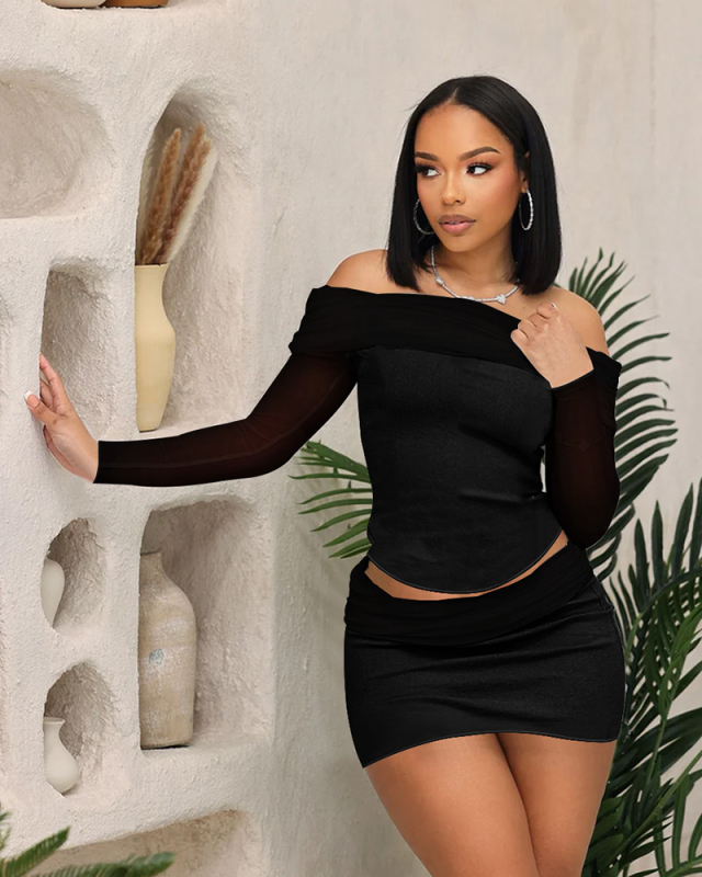 Off Shoulder Women Long Sleeve Two Piece Skirt Set S-XL