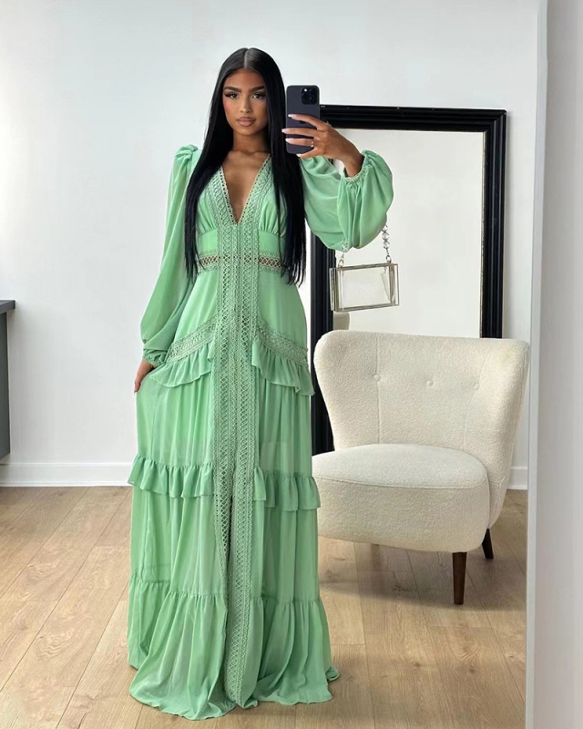 Long Sleeve V-neck High Fashion Maxi Dress S-L