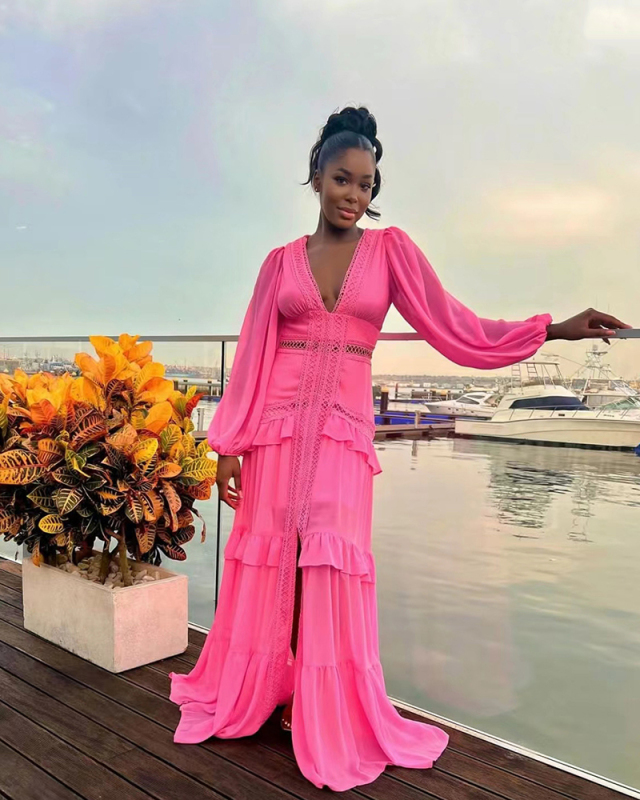 Long Sleeve V-neck High Fashion Maxi Dress S-L