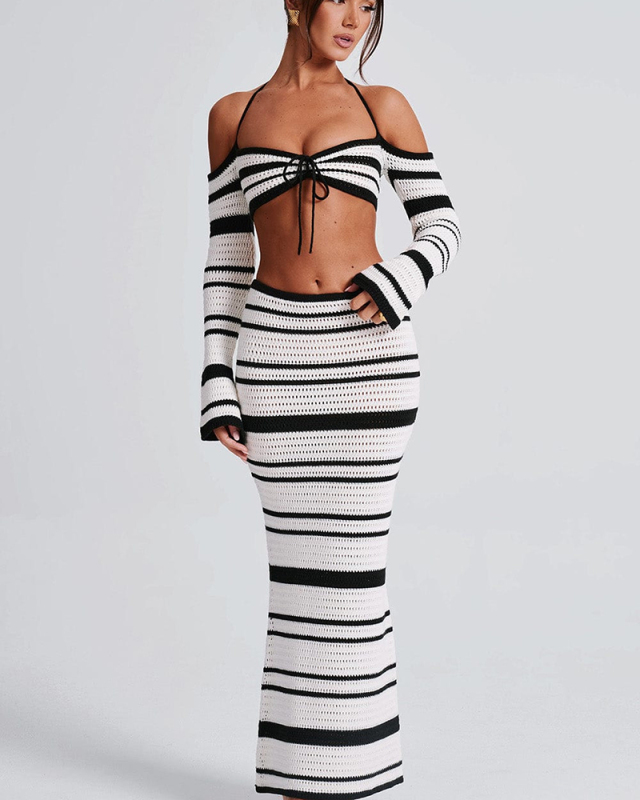 Black White Knitted Women Stripe Sweater Two Piece Skirt Set S-L