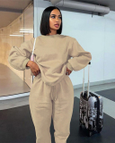 Autumn Crew Neck Solid Color Long Sleeve Casual Pullover Top Trouser Two Piece Outfit S-XL