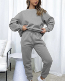 Autumn Crew Neck Solid Color Long Sleeve Casual Pullover Top Trouser Two Piece Outfit S-XL