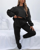 Autumn Crew Neck Solid Color Long Sleeve Casual Pullover Top Trouser Two Piece Outfit S-XL