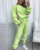 Autumn Crew Neck Solid Color Long Sleeve Casual Pullover Top Trouser Two Piece Outfit S-XL
