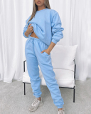 Autumn Crew Neck Solid Color Long Sleeve Casual Pullover Top Trouser Two Piece Outfit S-XL