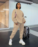 Autumn Crew Neck Solid Color Long Sleeve Casual Pullover Top Trouser Two Piece Outfit S-XL
