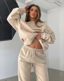 Autumn Crew Neck Solid Color Long Sleeve Casual Pullover Top Trouser Two Piece Outfit S-XL