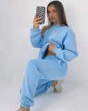 Autumn Crew Neck Solid Color Long Sleeve Casual Pullover Top Trouser Two Piece Outfit S-XL