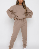 Autumn Crew Neck Solid Color Long Sleeve Casual Pullover Top Trouser Two Piece Outfit S-XL