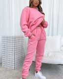 Autumn Crew Neck Solid Color Long Sleeve Casual Pullover Top Trouser Two Piece Outfit S-XL