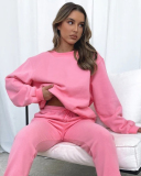 Autumn Crew Neck Solid Color Long Sleeve Casual Pullover Top Trouser Two Piece Outfit S-XL