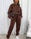 Autumn Crew Neck Solid Color Long Sleeve Casual Pullover Top Trouser Two Piece Outfit S-XL
