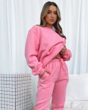 Autumn Crew Neck Solid Color Long Sleeve Casual Pullover Top Trouser Two Piece Outfit S-XL