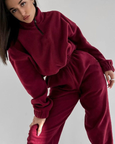 Half Zipper Stand Collar Long Sleeve Loose Pullover Loose Pants Two Piece Sets S-XL