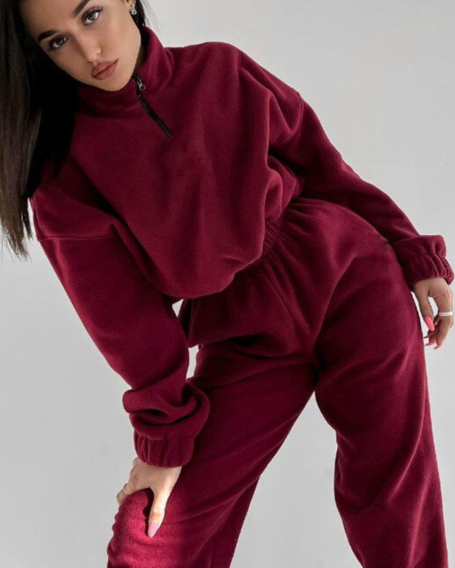 Half Zipper Stand Collar Long Sleeve Loose Pullover Loose Pants Two Piece Sets S-XL
