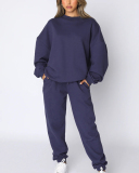 Autumn Crew Neck Solid Color Long Sleeve Casual Pullover Top Trouser Two Piece Outfit S-XL