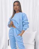 Autumn Crew Neck Solid Color Long Sleeve Casual Pullover Top Trouser Two Piece Outfit S-XL
