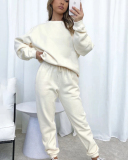 Autumn Crew Neck Solid Color Long Sleeve Casual Pullover Top Trouser Two Piece Outfit S-XL
