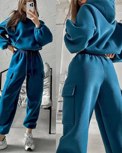 Women Winter Warm Causal Hoodies Pocket Pants Trouser Two Piece Sets S-XL
