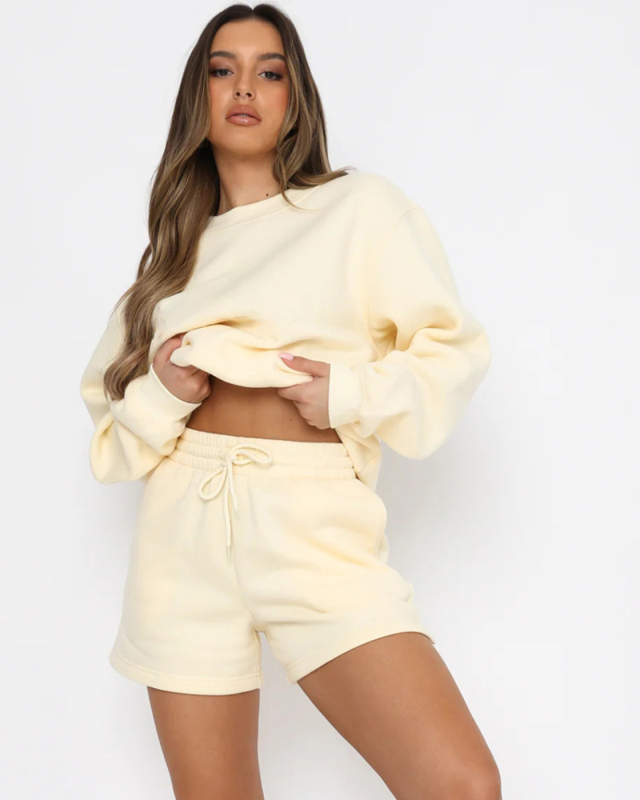 Women Long Sleeve Fashion O Neck Pullover Shorts Two Piece Sets S-XL