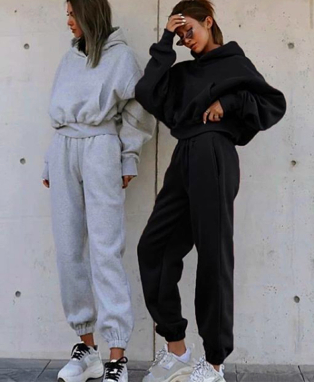 Casual Loose Oversize Long Sleeve Hoodies High Waist Warm Pants Two Piece Set Light Grey Pink Khaki Black S-XL