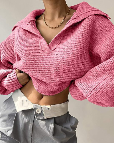 Women Fashion Lapel V Neck Loose Long Sleeve Sweater S-XL