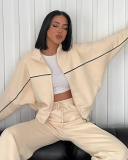 Long Sleeve Striped Stand Collar Full Zipper Coat Sweatpants Two Piece Sets S-XL