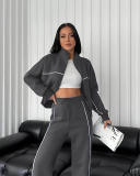 Long Sleeve Striped Stand Collar Full Zipper Coat Sweatpants Two Piece Sets S-XL