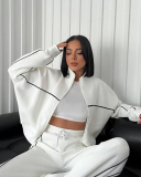 Long Sleeve Striped Stand Collar Full Zipper Coat Sweatpants Two Piece Sets S-XL