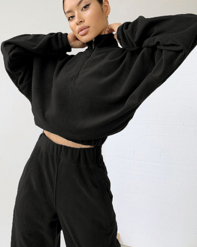 Zipper Neck Stand Collar Long Sleeve Trouser Hoodies Two Piece Outfits S-XL