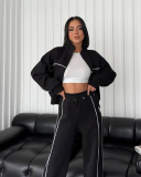 Long Sleeve Striped Stand Collar Full Zipper Coat Sweatpants Two Piece Sets S-XL