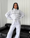 Long Sleeve Striped Stand Collar Full Zipper Coat Sweatpants Two Piece Sets S-XL