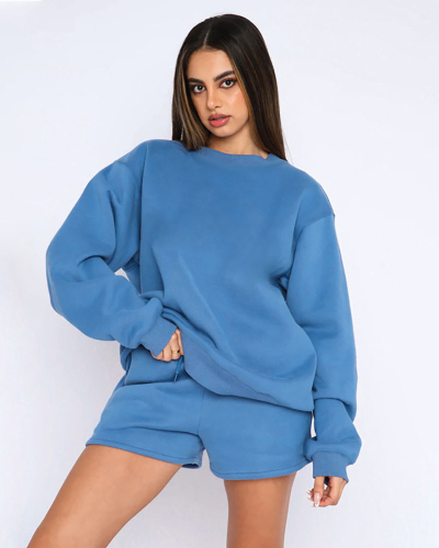 2 Pcs Sets Crew Neck Long Sleeve Pullover Thick Warm Autumn Tops Shorts Fashion S-XL