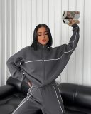 Long Sleeve Striped Stand Collar Full Zipper Coat Sweatpants Two Piece Sets S-XL