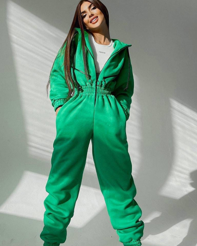 Women Long Sleeve Half Zipper Ruched Waist Casual Hoodies Warm Jumpsuit S-XL