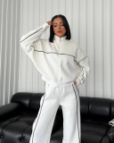 Long Sleeve Striped Stand Collar Full Zipper Coat Sweatpants Two Piece Sets S-XL