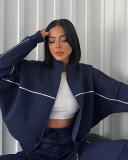 Long Sleeve Striped Stand Collar Full Zipper Coat Sweatpants Two Piece Sets S-XL