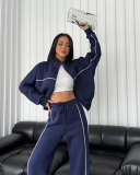 Long Sleeve Striped Stand Collar Full Zipper Coat Sweatpants Two Piece Sets S-XL