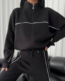 Long Sleeve Striped Stand Collar Full Zipper Coat Sweatpants Two Piece Sets S-XL