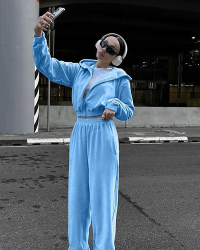 Hot Street Style Women Long Sleeve Hoodies Coat High Waist Pants Two Piece Sets Apricot Black Blue Light Grey Pink S-XL