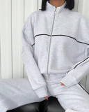 Long Sleeve Striped Stand Collar Full Zipper Coat Sweatpants Two Piece Sets S-XL