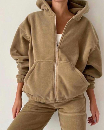 Thick Warm Hoodies Full Zipper Casual Housewear Coat Pants Two Piece Sets S-XL