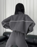 Long Sleeve Striped Stand Collar Full Zipper Coat Sweatpants Two Piece Sets S-XL
