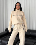 Long Sleeve Striped Stand Collar Full Zipper Coat Sweatpants Two Piece Sets S-XL