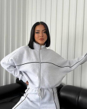 Long Sleeve Striped Stand Collar Full Zipper Coat Sweatpants Two Piece Sets S-XL