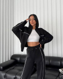 Long Sleeve Striped Stand Collar Full Zipper Coat Sweatpants Two Piece Sets S-XL