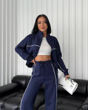 Long Sleeve Striped Stand Collar Full Zipper Coat Sweatpants Two Piece Sets S-XL