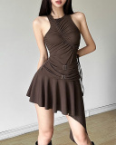Sleeveless Women Brown Color Irregular Dress S-L