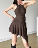 Sleeveless Women Brown Color Irregular Dress S-L