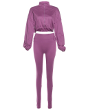 Autumn New Sexy Drawstring Waist Long Sleeve Crop Top High Waist Tight Pants Set for Women Black Green Purple Red S-L